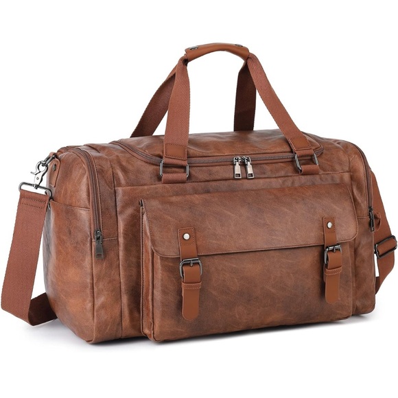 TRAVEL Bag Waterproof PU Leather Brown Duffle Bag - Picture 3 of 14